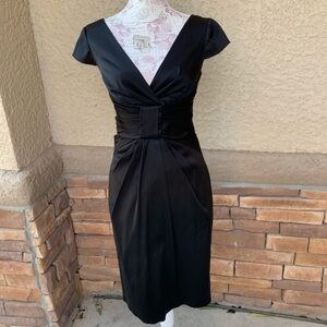 Maggy London Black Midi Cocktail Dress – Size 6 | Plunging V-Neck & Cap Sleeves